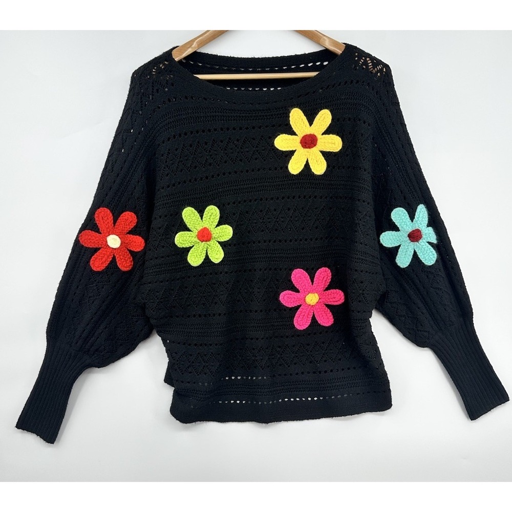 Women's XL Crochet Floral Sleeve Boho Open Knit Oversized Sweater Black Fun